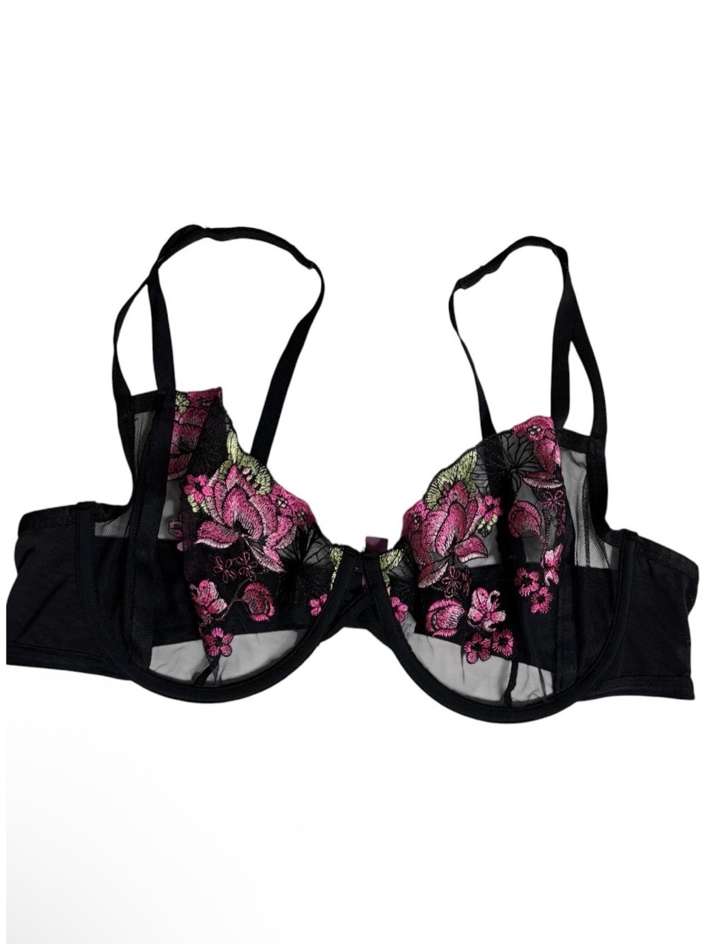 Black mesh floral pink & green embroidered underwire bra size 40C